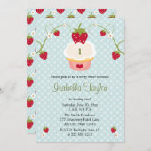 青いいちごのカップケーキの誕生日の招待状Ag 招待状 (正面/裏面)