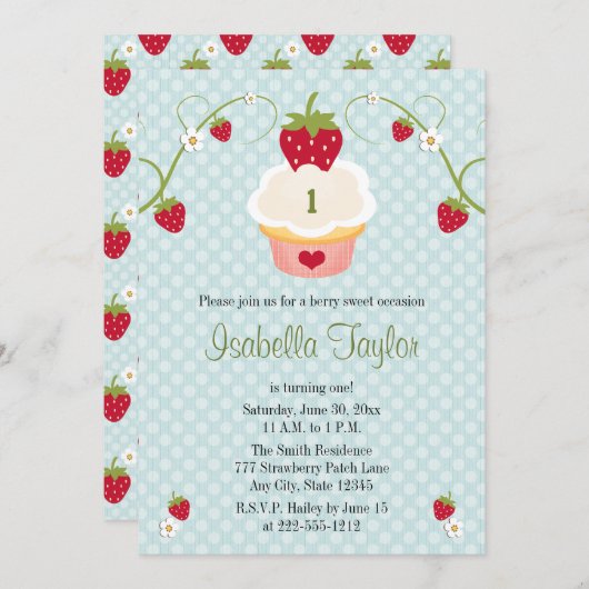 青いいちごのカップケーキの誕生日の招待状Ag 招待状 (正面/裏面)