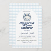 青いおむつとワイプ赤ちゃんシャワーブルーギンガム 招待状 (正面/裏面)