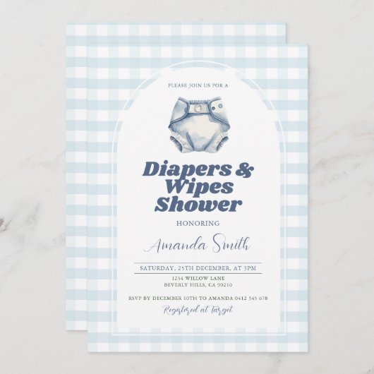 青いおむつとワイプ赤ちゃんシャワーブルーギンガム 招待状 (正面/裏面)