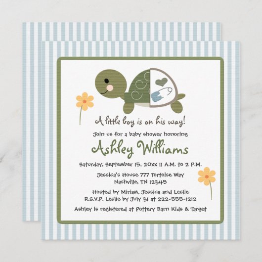 青いおむつのベビーシャワー招待状のカメ 招待状 (正面/裏面)