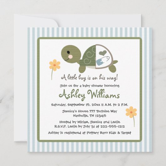 青いおむつのベビーシャワー招待状のカメ 招待状 (正面)