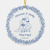 青いおめでたいバカガチョウの結婚式 セラミックオーナメント (正面)