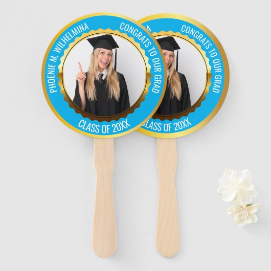 青いおめでとう2025年のグラッドフォトクラス ハンドファン (正面&裏面)