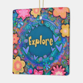 青いおもしろいカラフルフローラかわいらし探索 セラミックオーナメント (左)