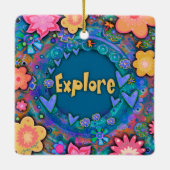 青いおもしろいカラフルフローラかわいらし探索 セラミックオーナメント (裏面)