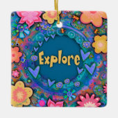 青いおもしろいカラフルフローラかわいらし探索 セラミックオーナメント (正面)