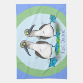 青いおもしろい足のブイ海鳥の踊り漫画 キッチンタオル (縦)