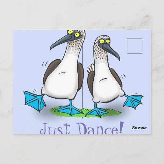 青いおもしろい足のブイ海鳥の踊り漫画 ポストカード (裏面)