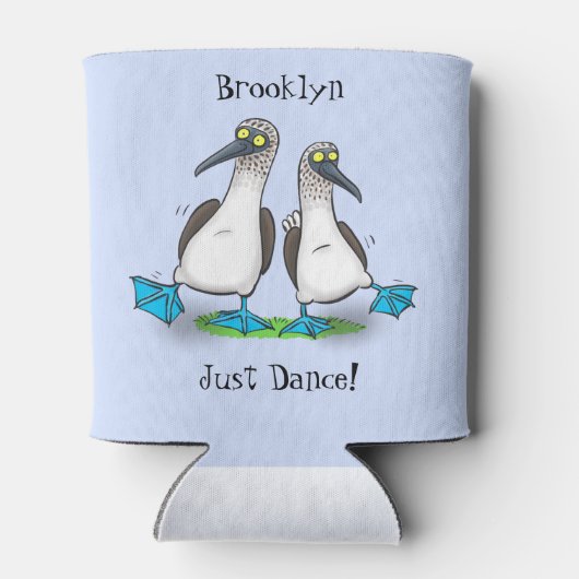 青いおもしろい足の牡丹の鳥踊り漫画 缶クーラー (裏面)