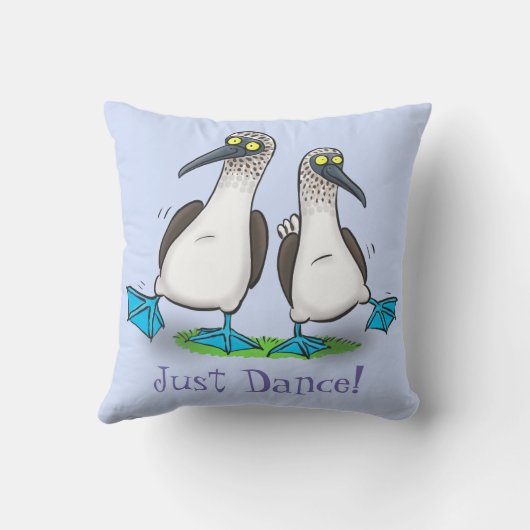 青いおもしろい足の魚類踊り海鳥マンガ クッション (裏面)