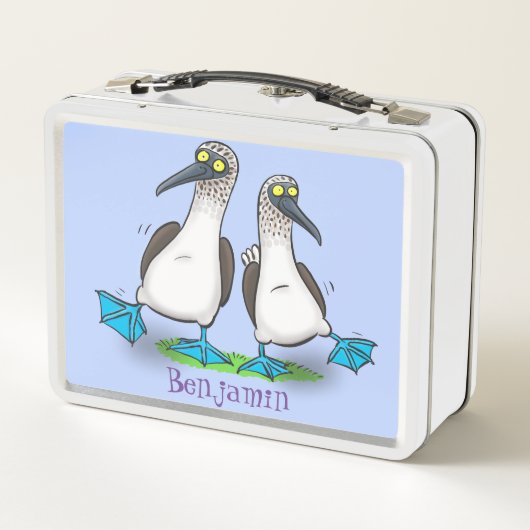 青いおもしろい足のboobies漫画イラストレーション メタルランチボックス (裏面)