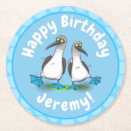 青いおもしろい足のboobies漫画イラストレーション ラウンドペーパーコースター (正面)