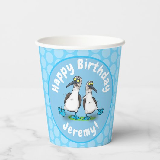 青いおもしろい足のboobies漫画イラストレーション 紙コップ (裏面)