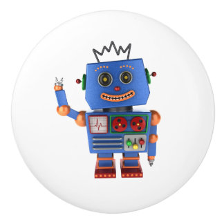 青いおもちゃのロボット振るこんにちは セラミックノブ
