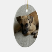 青いおもちゃを持つ黒口の野良犬の子犬 セラミックオーナメント (右)