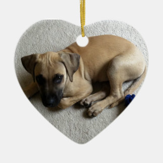 青いおもちゃを持つ黒口の野良犬の子犬 セラミックオーナメント