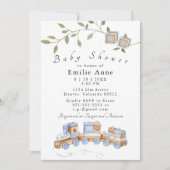 青いおもちゃ、電車とブロックのベビーシャワー招待状 招待状 (正面)