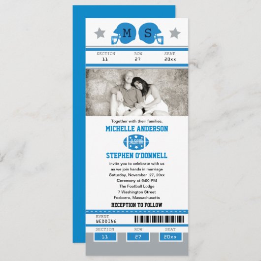 青いおよび銀製灰色の緑のフットボールのチケットの結婚式 招待状 (正面/裏面)