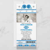 青いおよび銀製灰色の緑のフットボールのチケットの結婚式 招待状 (正面)