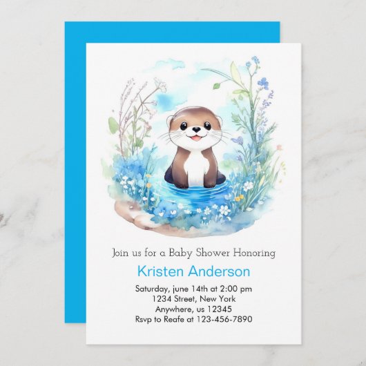 青いお洒落カワウヤツフラワーボーイ赤ちゃんシャワー 招待状 (正面/裏面)