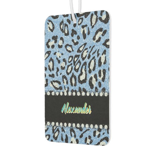 青いお洒落ヒョウのプリントとフローラアクセント カーエアーフレッシュナー (左)