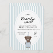 青いお洒落ビーヤ待ちテディベア 招待状 (正面/裏面)