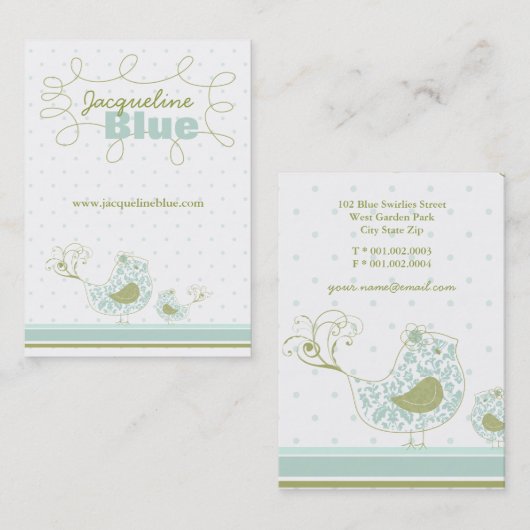青いお洒落ママとベビーの鳥のダマスク渦巻き 名刺 (正面/裏面)