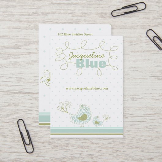 青いお洒落ママとベビーの鳥のダマスク渦巻き 名刺 (正面/裏面インサイチュ)