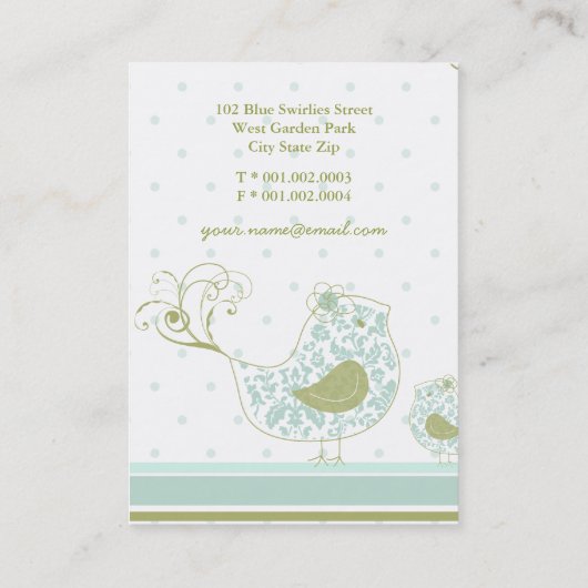 青いお洒落ママとベビーの鳥のダマスク渦巻き 名刺 (裏面)
