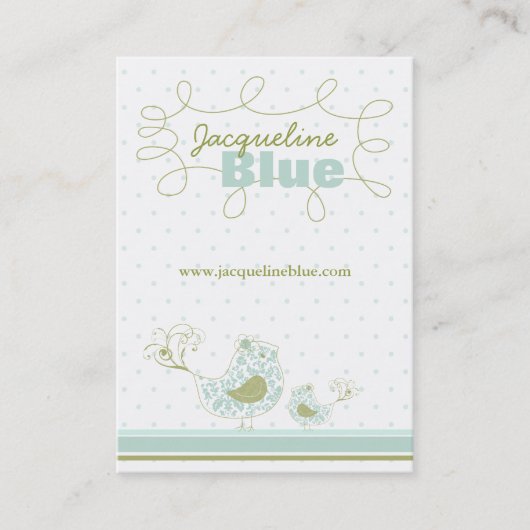 青いお洒落ママとベビーの鳥のダマスク渦巻き 名刺 (正面)