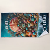 青いお洒落上にホタテ貝の貝殻 ビーチタオル (正面)