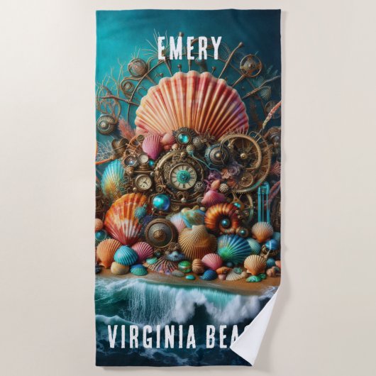 青いお洒落上にホタテ貝の貝殻 ビーチタオル (正面)