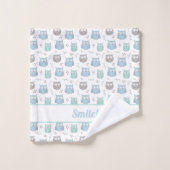 青いお洒落緑のフクロウと花のパターン バスタオルセット (ウォッシュタオル)