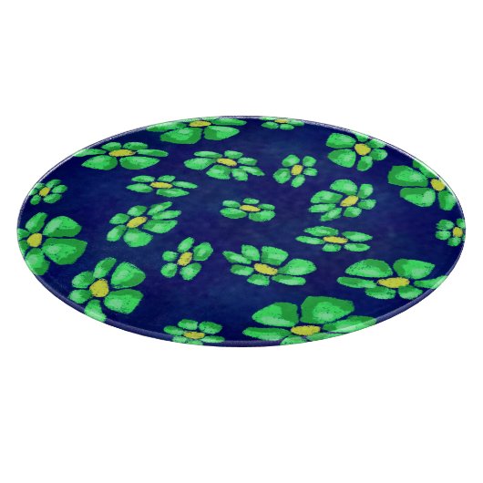 青いお洒落背景に緑の花のデイジー カッティングボード (角)