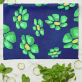 青いお洒落背景に緑の花のデイジー キッチンタオル (折り畳み)