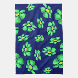 青いお洒落背景に緑の花のデイジー キッチンタオル