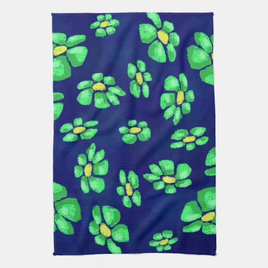 青いお洒落背景に緑の花のデイジー キッチンタオル (縦)