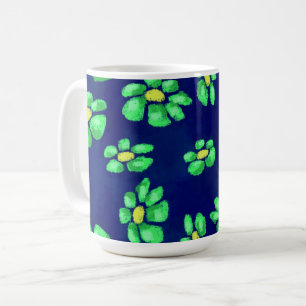 青いお洒落背景に緑の花のデイジー コーヒーマグカップ