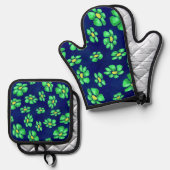 青いお洒落背景に緑の花のデイジー 鍋つかみ&鍋敷きセット (正面/裏面)