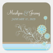 青いお洒落雪の花が冬の結婚式を渦巻く スクエアシール (正面)