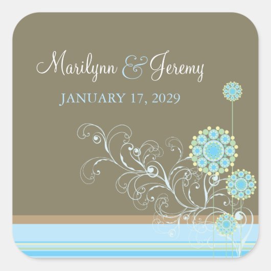 青いお洒落雪の花が冬の結婚式を渦巻く スクエアシール (正面)