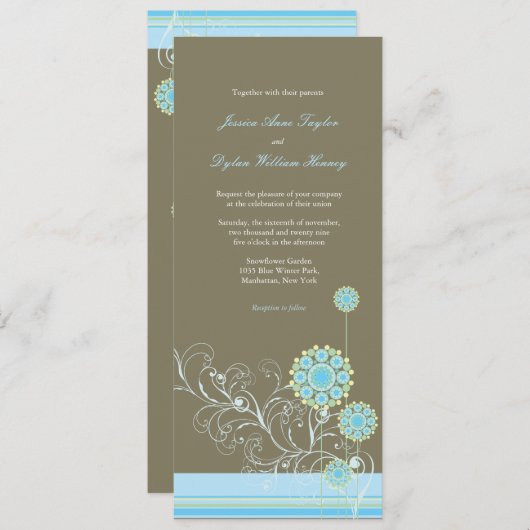 青いお洒落雪の花が冬の結婚式を渦巻く 招待状 (正面/裏面)