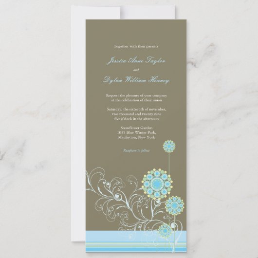 青いお洒落雪の花が冬の結婚式を渦巻く 招待状 (正面)