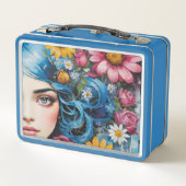 青いお洒落髪と野花を持つ女の子 メタルランチボックス (裏面)