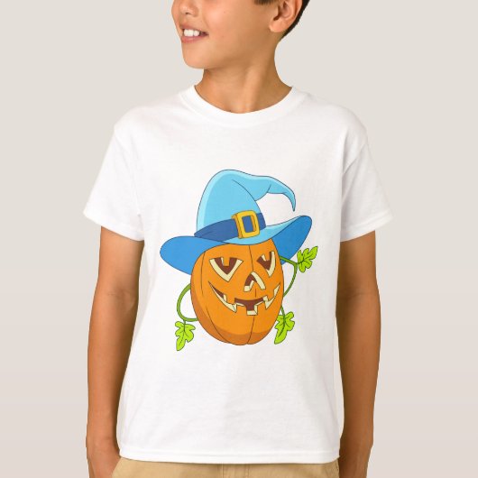 青いお洒落魔女ハットパンプキンハロウィンアニメ Tシャツ (正面)