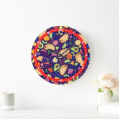 青いお祝いのメキシコ食糧及び花のタコスのフェスタ ラージ壁時計 (ホーム)