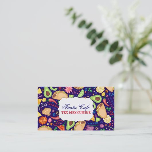 青いお祝いのメキシコ食糧及び花のフェスタのタコス 名刺 (スタンド正面)