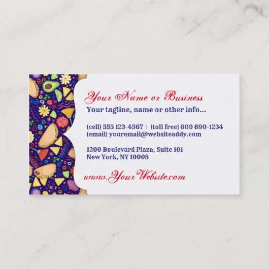 青いお祝いのメキシコ食糧及び花のフェスタのタコス 名刺 (裏面)