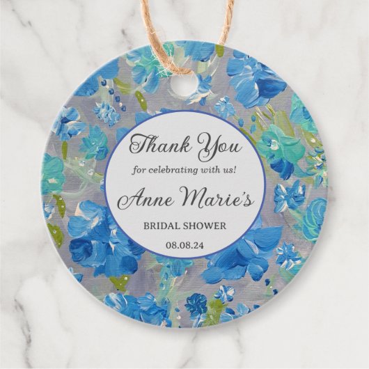 青いお祝いフローラメッセージカード フェイバータグ (正面)